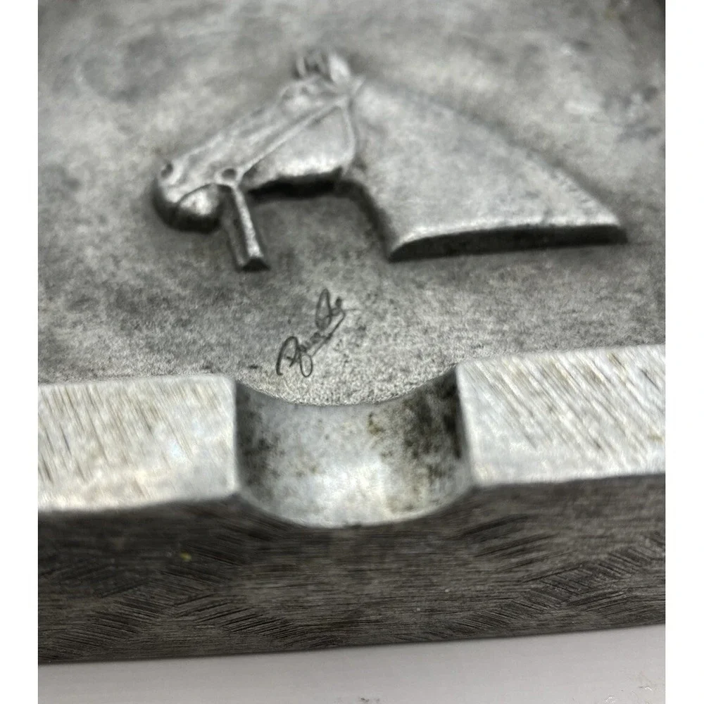 Vintage Signed Equestrian Horse Head Cast Metal Square Ashtray Silver Tone Decor